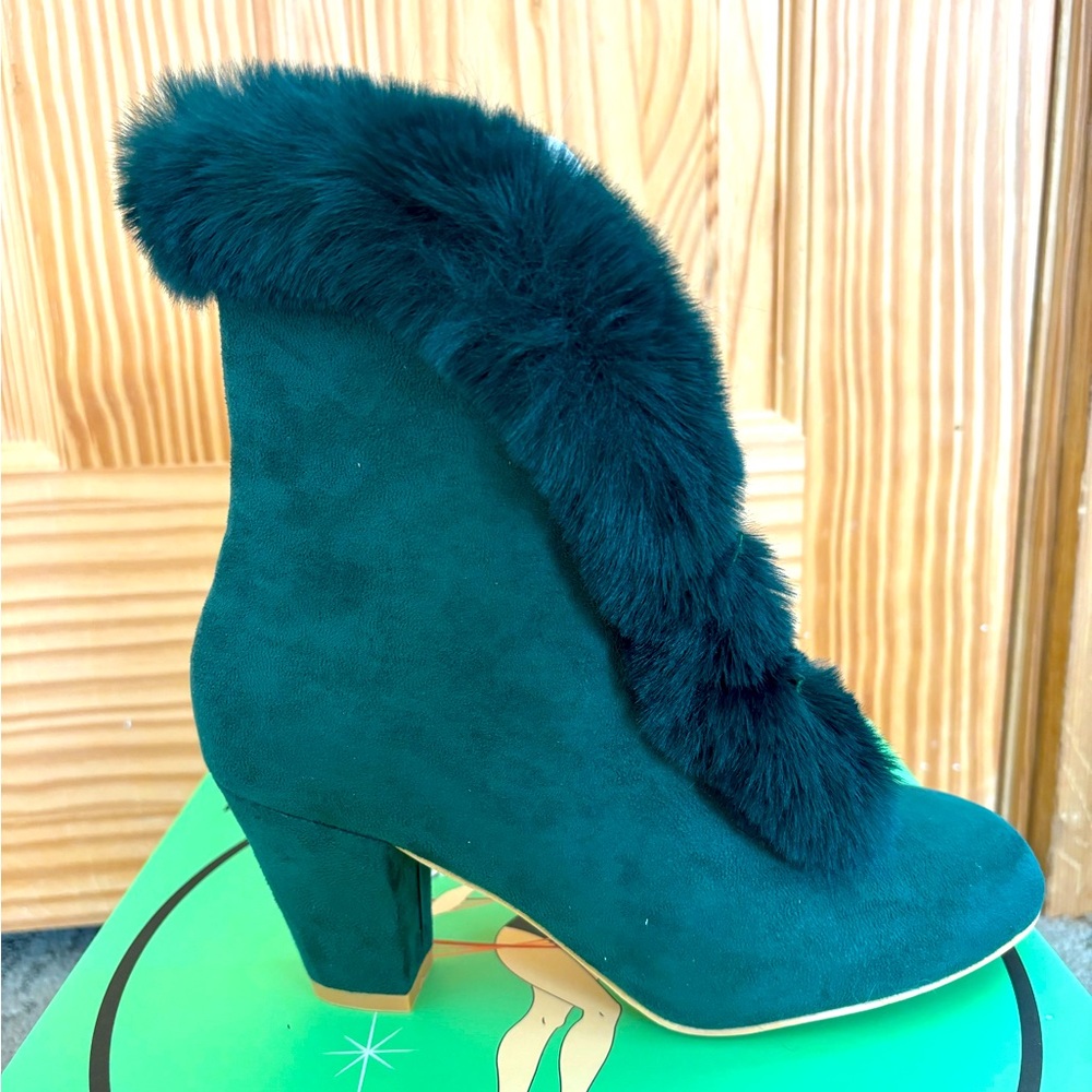 Forest Green Lulu Hun Collectif Tatiana Fur Trimmed Ankle Boot Booties Retro 37